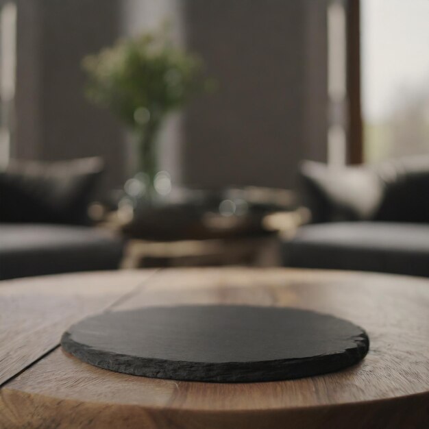 Wooden surface table with black cutting board stone