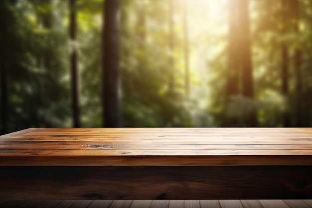 A wooden surface on a table with empty space with a background of a spa window that is blurred