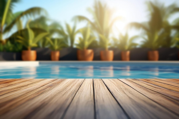 Wooden surface with a blurred background of a swimming pool Generative AI illustration