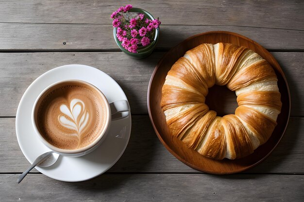 wooden surface with decorative twigs Coffee with croissant and flowers