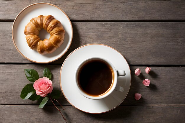 Photo wooden surface with decorative twigs coffee with croissant and flowers