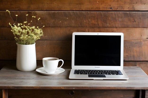 wooden surface with decorative twigs computer with Coffee and flowers