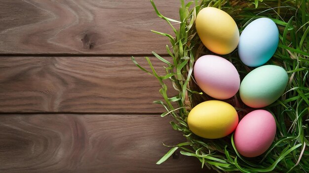 Wooden surface with several easter eggs