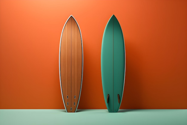 A wooden surfboard is next to a green surfboard.