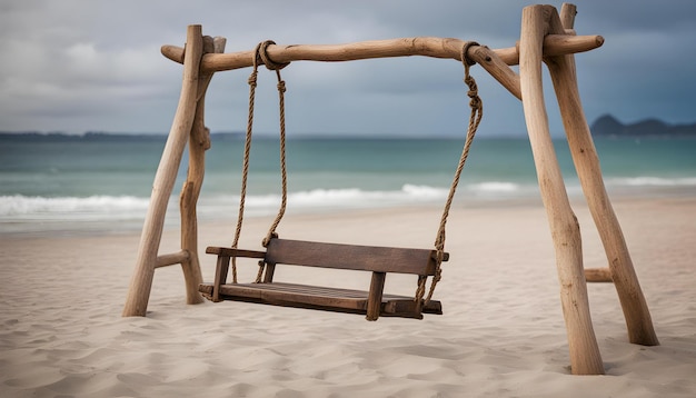 a wooden swing on a beach with the ocean in the background