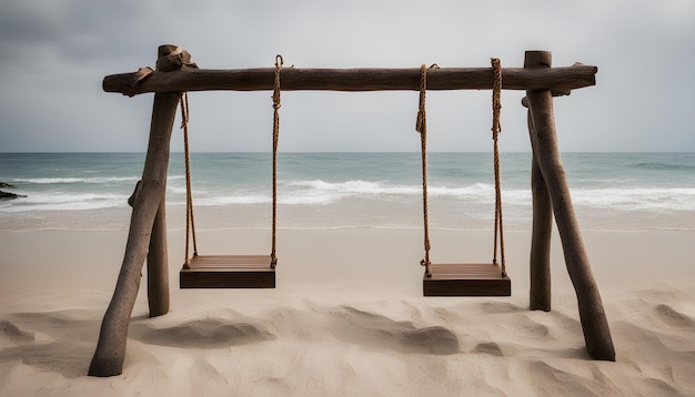 a wooden swing on a beach with the ocean in the background