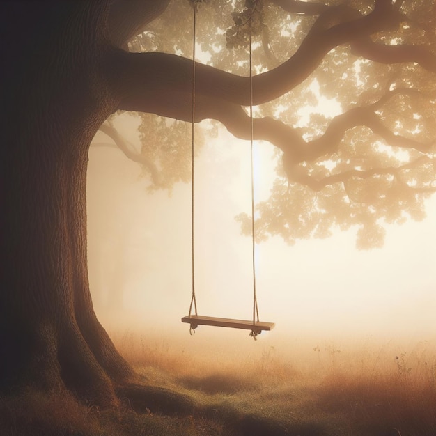 Foto un altalena di legno sotto un grande albero nuvoloso