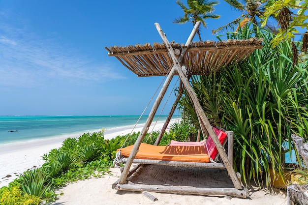 Wooden swing under a canopy on the tropical beach near sea