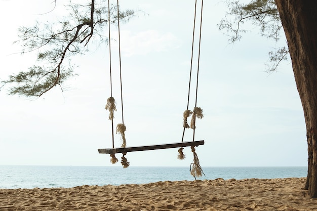 Foto altalena in legno appeso all'albero sulla spiaggia