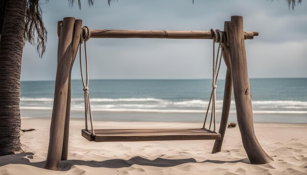 a wooden swing hangs on the beach and the ocean is in the background