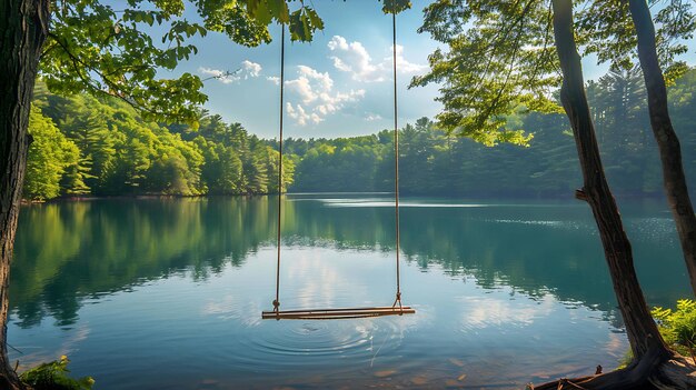 The wooden swing hangs from a tree branch over a still lake The water is crystal clear The trees are reflected in the water