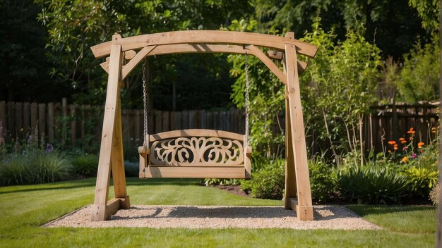 Wooden swing in a lush garden setting