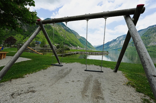 Wooden swing in playground at Hallstatt Austria