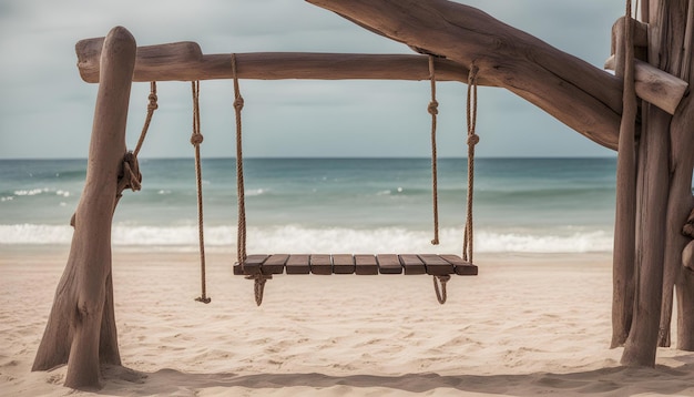 a wooden swing that has a wooden frame on it