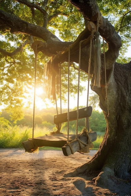 Wooden swing tied to a sturdy oak branch with sunlight created with generative ai