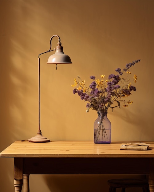 Wooden Table Adorned Flowers Lamp