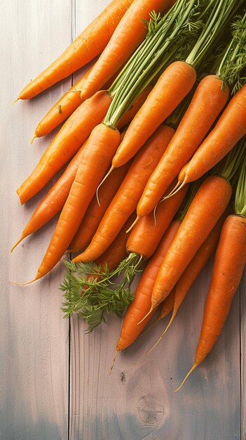 Wooden table adorned with a delightful bunch of fresh carrots Vertical Mobile Wallpaper