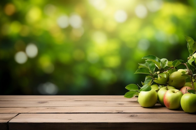 A wooden table adorned with fresh green apples fruits and flowers Generative Ai