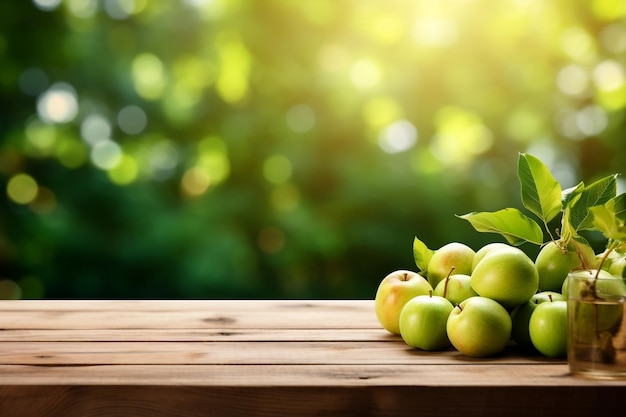 Деревянный стол, украшенный свежими зелеными яблоками, фруктами и цветами Generative Ai