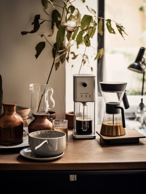 A wooden table adorned with a steaming cup of coffee