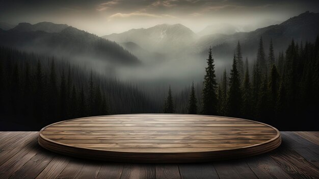 Wooden table against the backdrop of a night landscape with mountains and a foggy forest