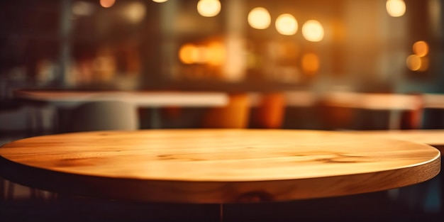 A wooden table against a blurry background in an empty restaurant