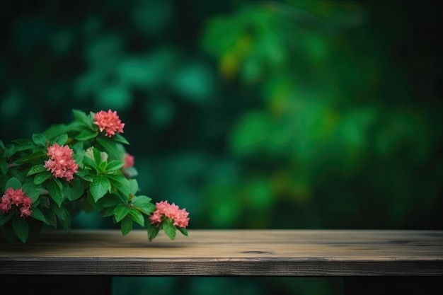 製品のプロモーションと広告を目的とした緑の花の背景の木製のテーブル