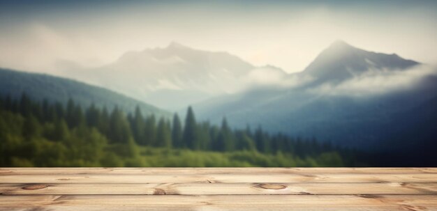 Wooden table against mountain background Illustration AI GenerativexA