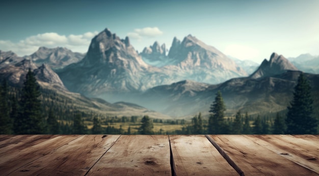 Wooden table against mountain background Illustration AI GenerativexA