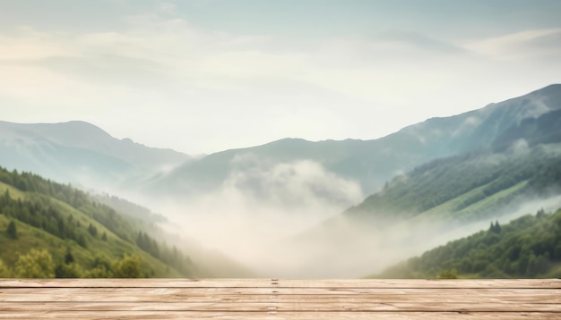 Wooden table against mountain background Illustration AI GenerativexA