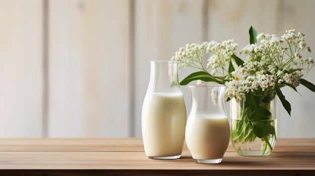 Photo a wooden table against a pastel backdrop showcases a milk bottle glass and fresh flowers creating a captivating canvas for your advertising message