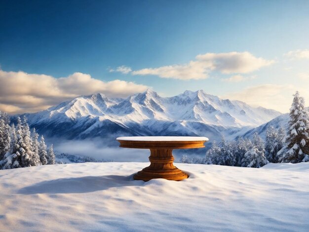 Wooden table against snowy mountain landscape in the morning 3d render generative ai