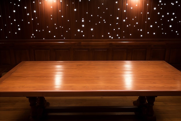 Wooden table against starry light backdrop background