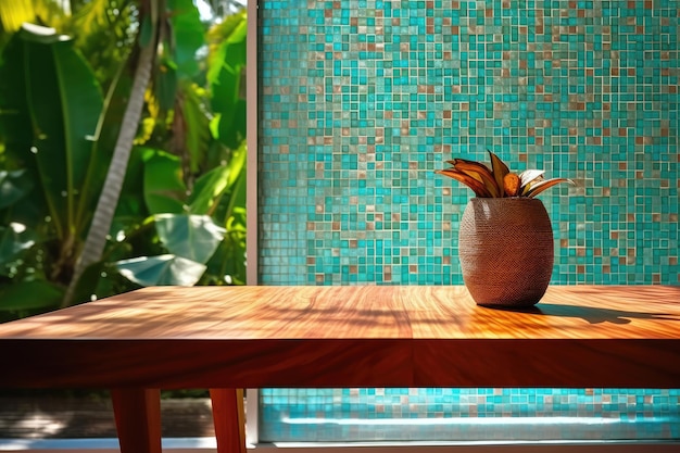 Wooden Table Against a Turquoise Mosaic Backdrop for Stylish Interiors