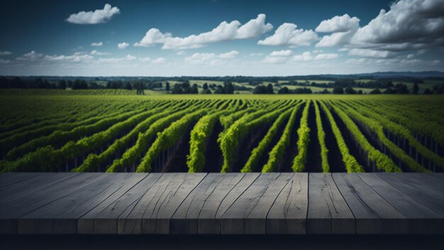 Wooden table against view of vineyard in Tuscany Italy A place to present your products