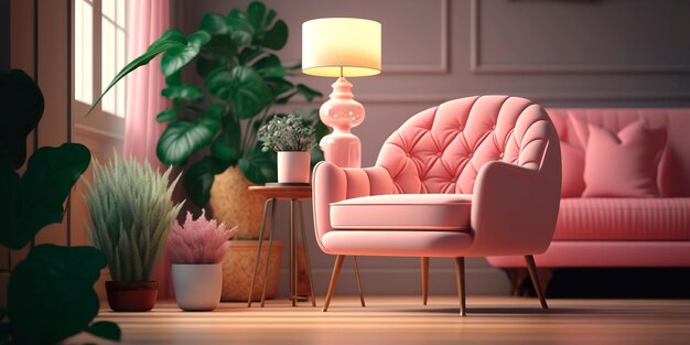 Photo wooden table and armchair in pastel living room interior with plants generative ai