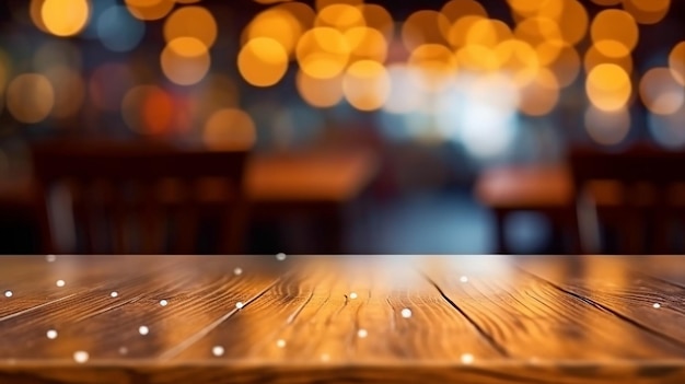 Wooden table backdrop bokeh background Generative AI Neon Lights and Night View