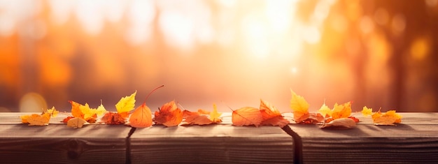 Photo wooden table on the background of the autumn park generative ai