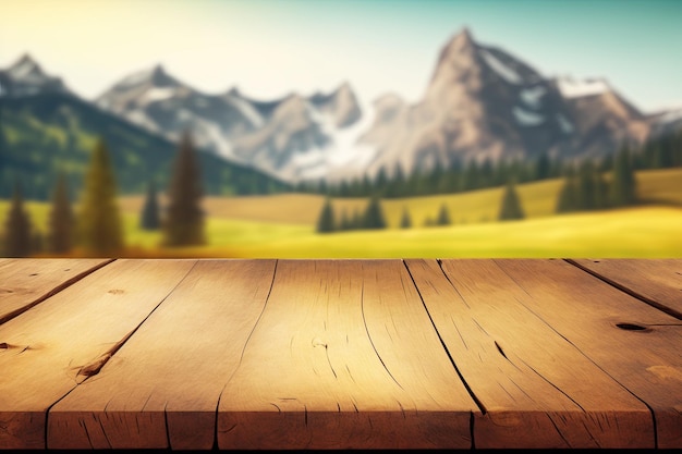 Wooden table background on a blur Alps meadows flat design Generative AI AIG15