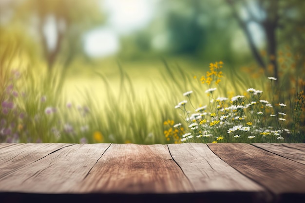 Wooden table background on a blur meadow with wildflowers Generative AI AIG15