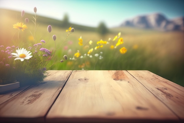 Wooden table background on a blur meadow with wildflowers Generative AI AIG15