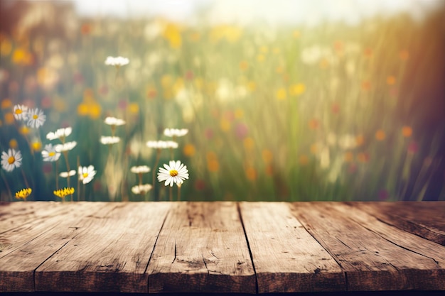 Wooden table background on a blur meadow with wildflowers Generative AI AIG15
