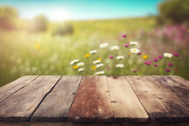 Wooden table background on a blur meadow with wildflowers Generative AI AIG15