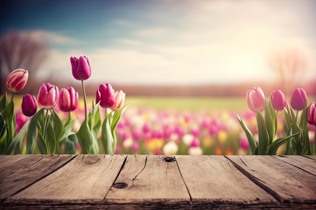 Wooden table background on a blur pink tulips fields Generative AI AIG15