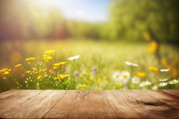 Wooden table background on a blur sunflowers meadow Generative AI AIG15