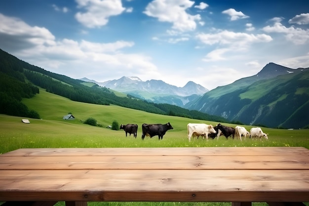 Wooden table on the background of blurred alps green meadow with cows at sunny summer day Neural network generated in May 2023 Not based on any actual person scene or pattern