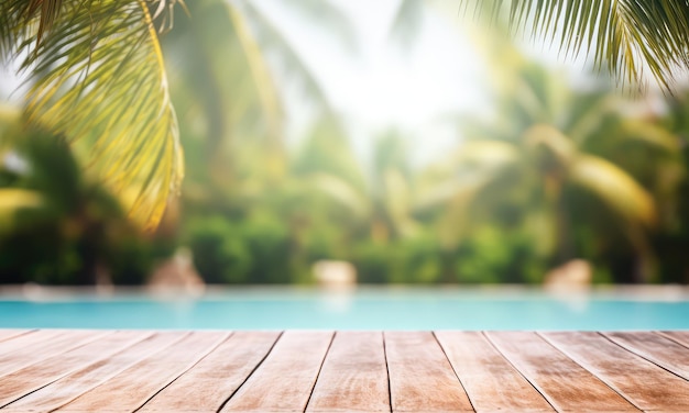 Wooden Table Background Mockup with Copy Space for Text Empty Wood Desk at Summer Swimming Pool Background Green Palm Trees Around Generative AI Illustration