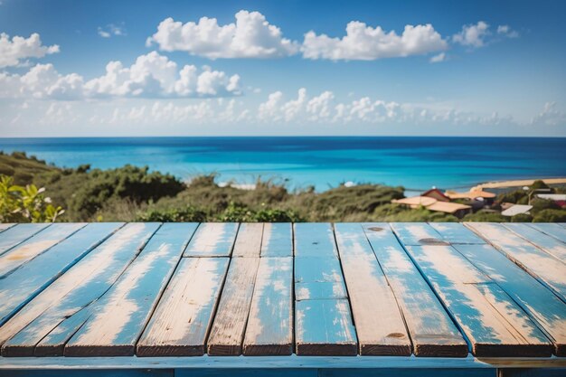 Wooden table on the background of the sea island and the blue sky high quality photo