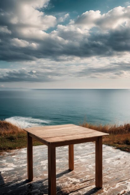 Photo wooden table on the background of the sea