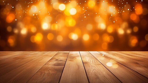 Wooden table background with bokeh light